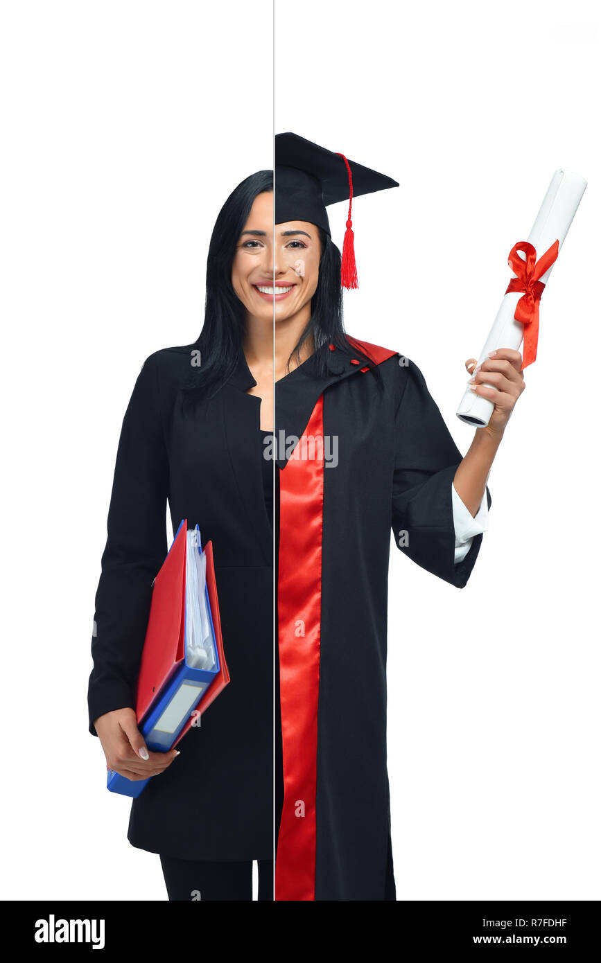 Happy woman in two occupations of accountant and university graduate isolated on white background. Student graduate, wearing mantle and holding diplom Stock Photo