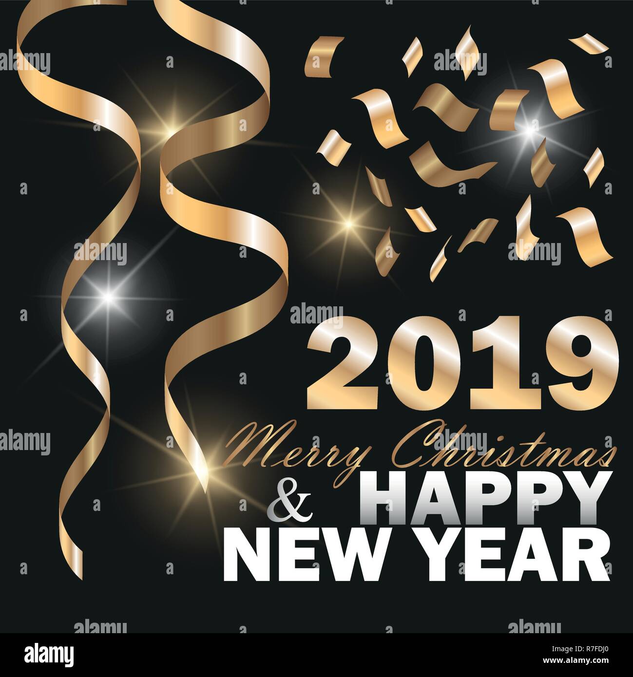 Vector 2019 New Year Black background with Gold Curling Stream. Festive ...