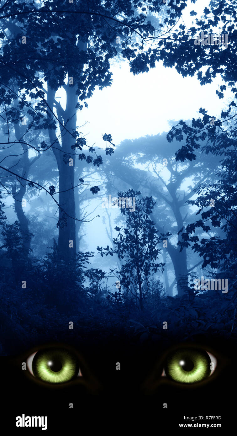 Dark series a look from darkness. Green monster eyes in the dark