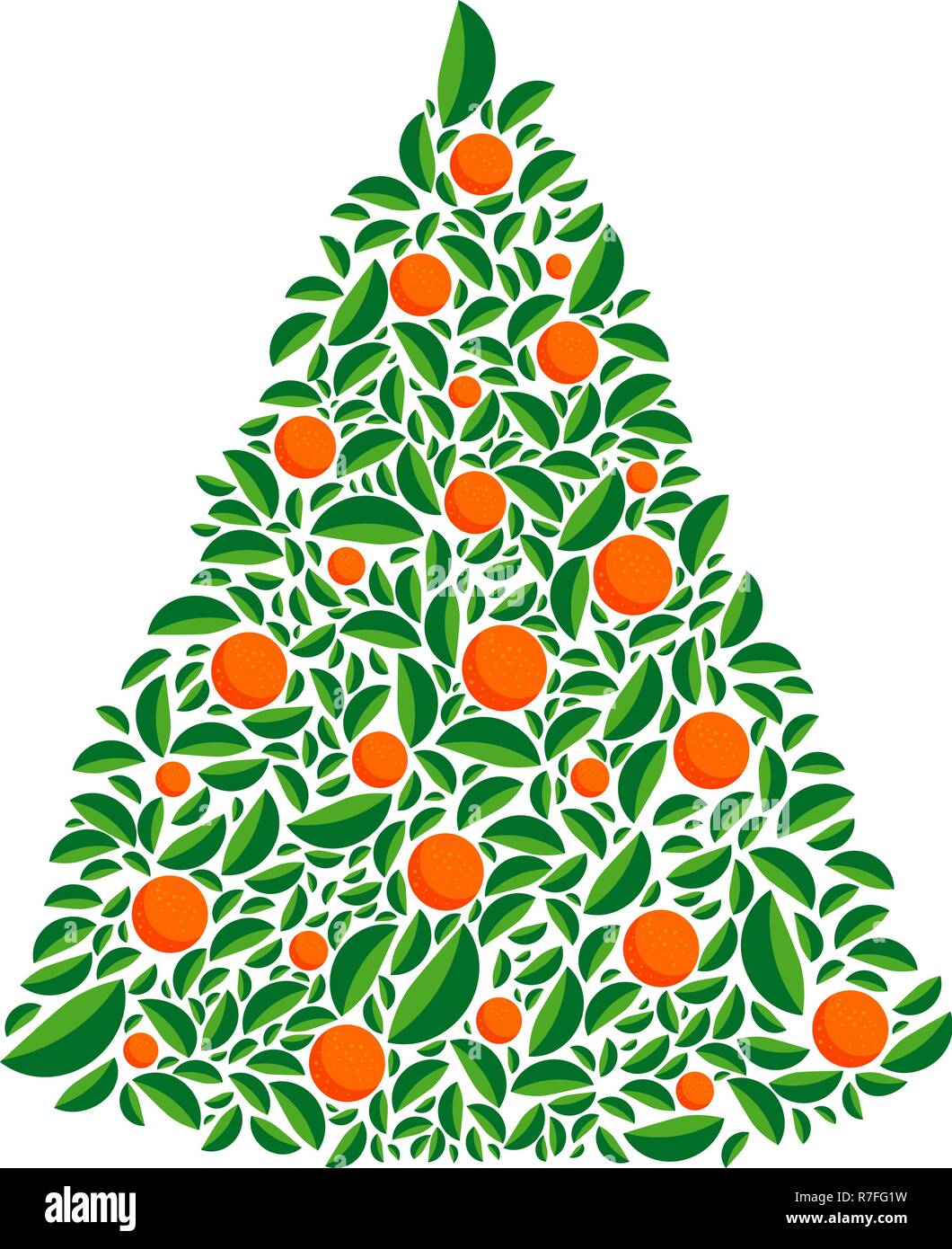 Vector christmas green tree with orange balls. Isolated vector illustration.Christmas and New year. Cartoon greeting card, festive poster or party inv Stock Vector