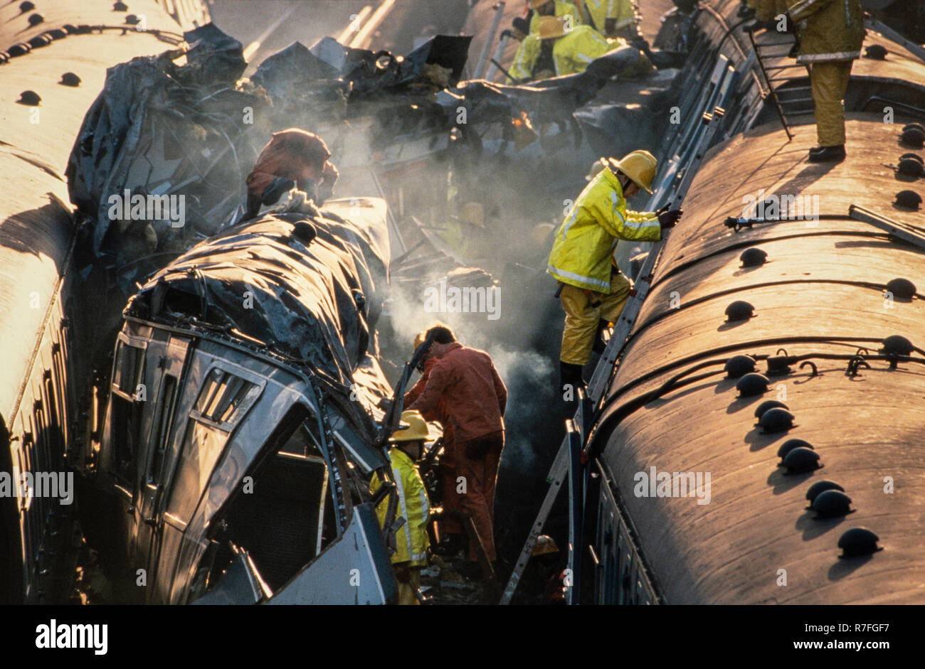 CLAPHAM JUNCTION, LONDON - DECEMBER 12, 1988: The Clapham Junction Train Crash. On the morning of December 12, 1988, a crowded passenger train crashed into the rear of another train that had stopped at a signal, just south of Clapham Junction railway station in London, and subsequently sideswiped an empty train travelling in the opposite direction. A total of 35 people were killed in the collision, while 484 were injured. Photo: © David Levenson/Alamy Stock Photo