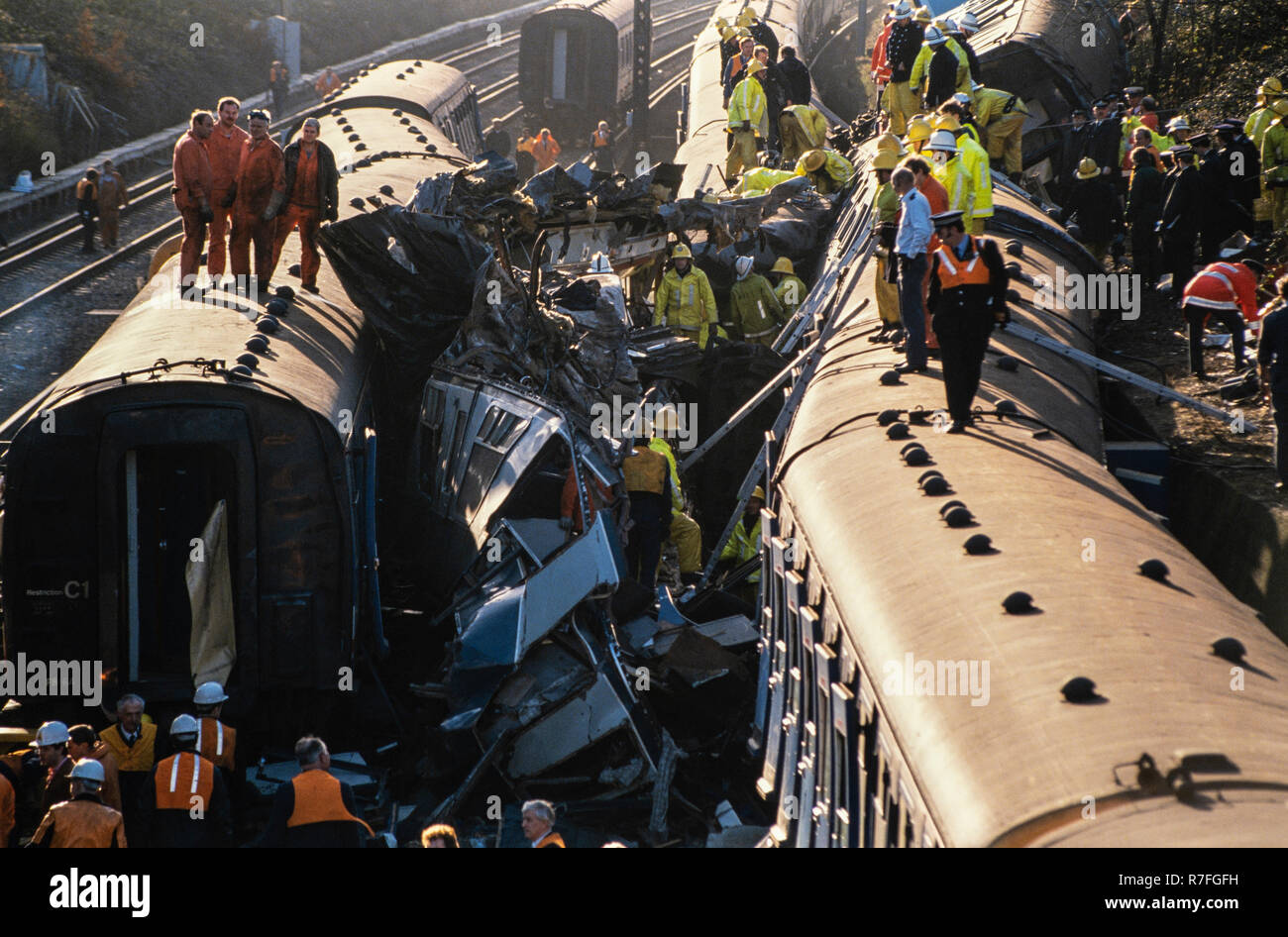 CLAPHAM JUNCTION, LONDON - DECEMBER 12, 1988: The Clapham Junction Train Crash. On the morning of December 12, 1988, a crowded passenger train crashed into the rear of another train that had stopped at a signal, just south of Clapham Junction railway station in London, and subsequently sideswiped an empty train travelling in the opposite direction. A total of 35 people were killed in the collision, while 484 were injured. Photo: Â© David Levenson/Alamy Stock Photo