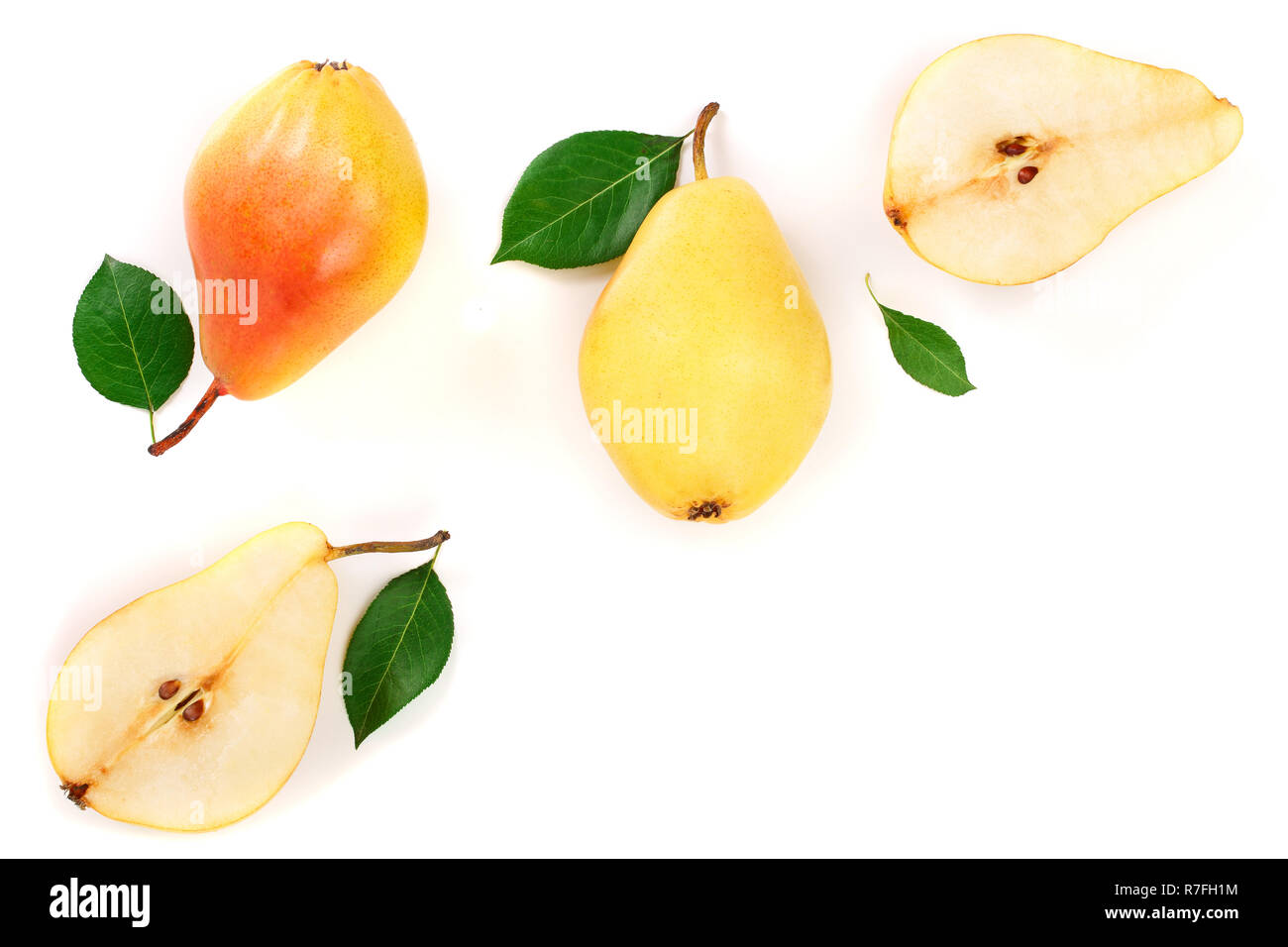 ripe red yellow pear fruits with leaves isolated on white background ...