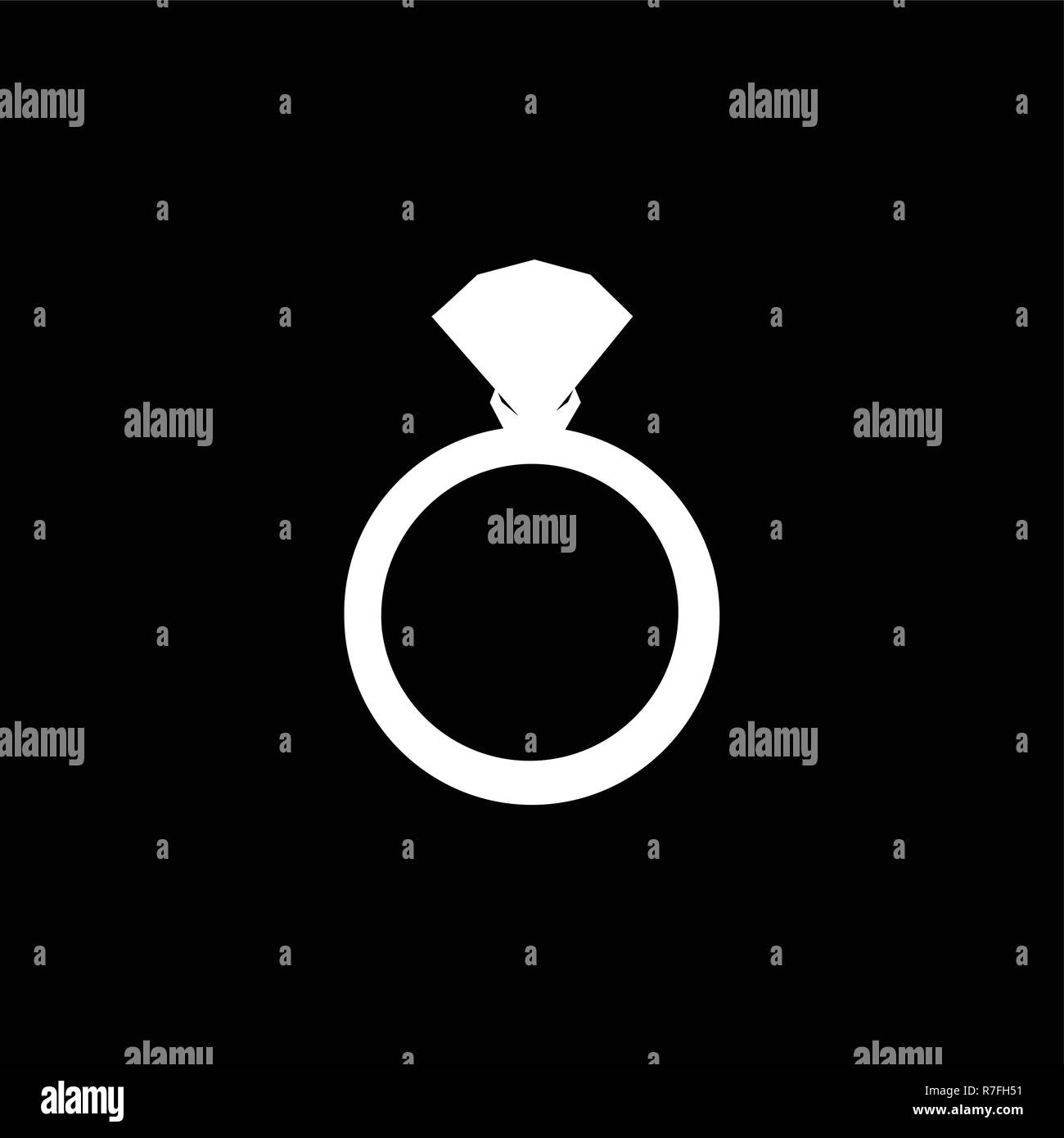 Vector white silhouette of engagement ring with diamond isolated on black background. Wedding or marriage present icon, sign, symbol, clip art isolate Stock Vector