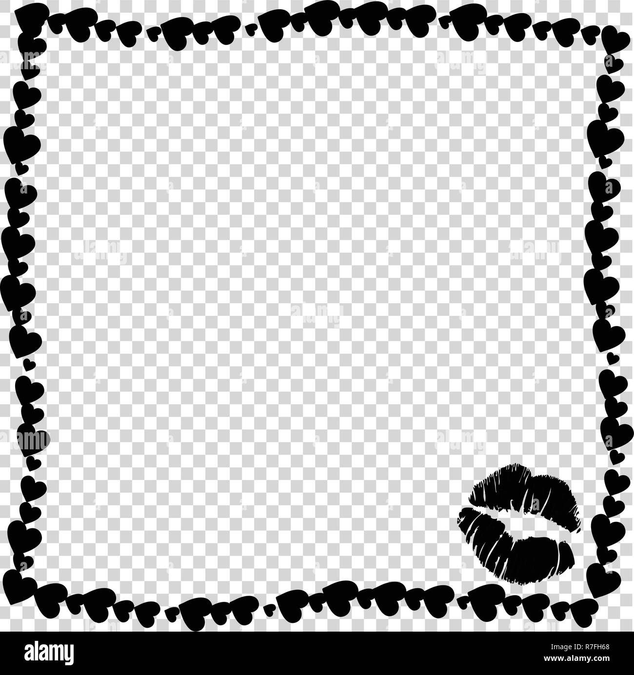 Vector black retro vintage border photo frame of hearts with kiss mark silhouette in corner. Valentines template with copy space for Valentine day or  Stock Vector