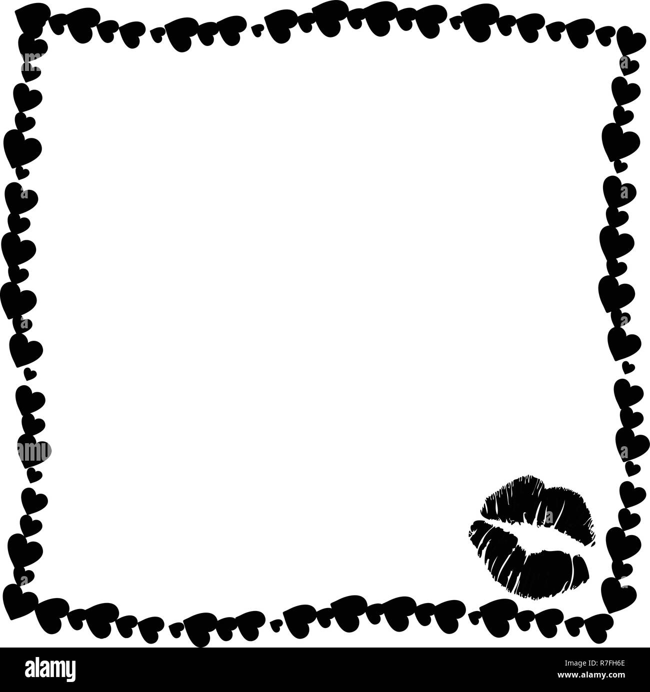 Vector black and white retro vintage border photo frame of hearts with kiss mark silhouette in corner. Monochrome template with copy space for Valenti Stock Vector