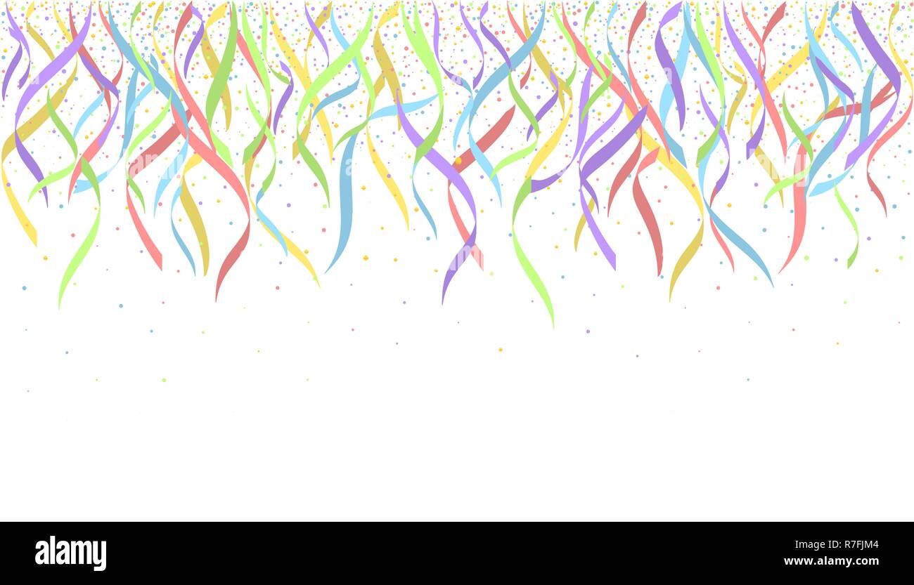 Colorful ribbons and confetti pieces on white background. Holiday party ...