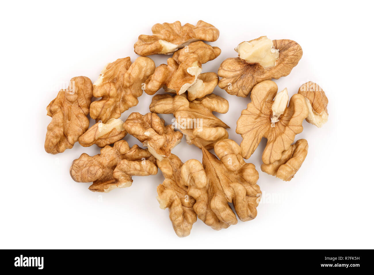 peelled Walnuts isolated on white background. Top view. Flat lay. Stock Photo