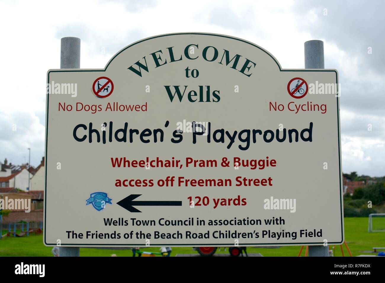 Children's playground sign at Wells next the sea, Norfolk, England, UK Stock Photo
