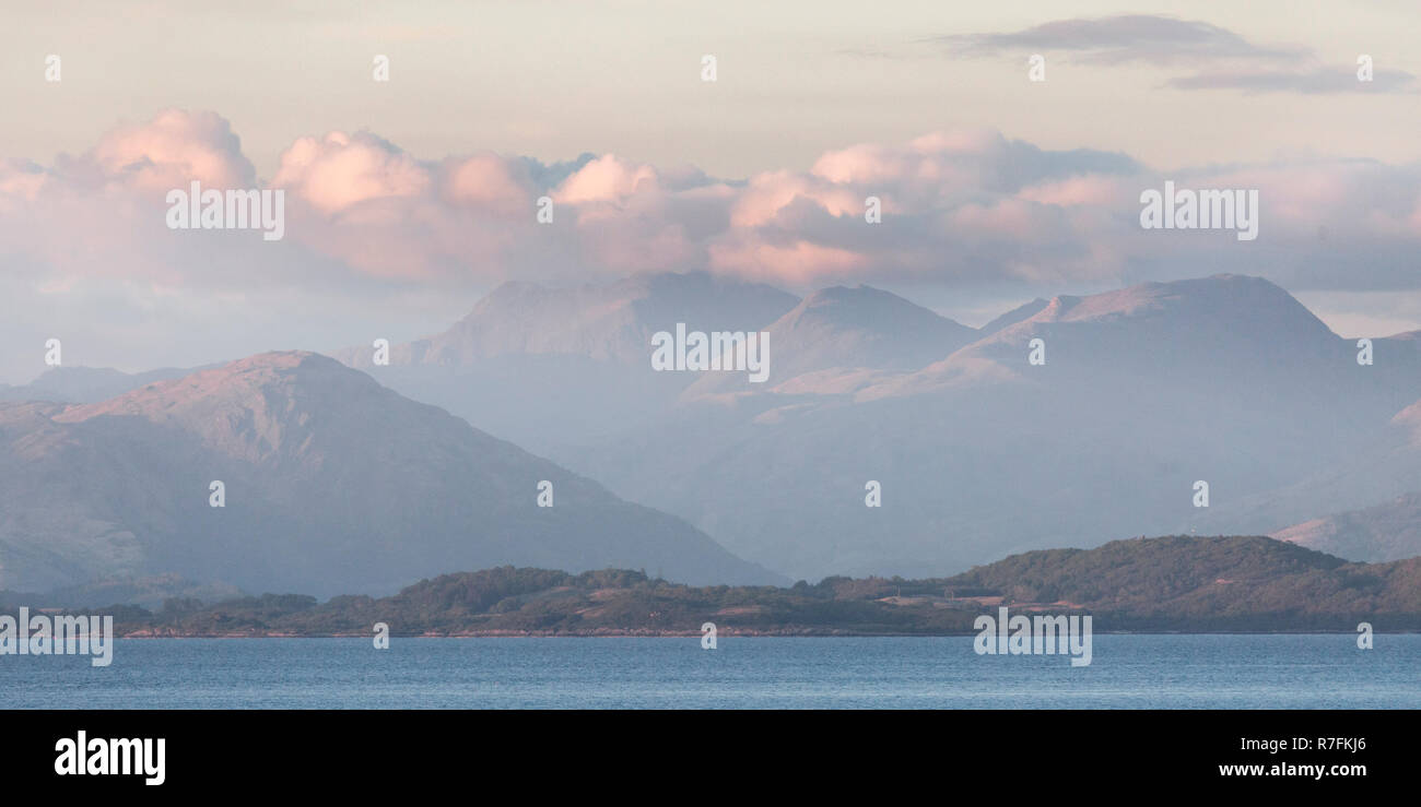 Landscape format. Views from Auchnacraig over Grasspoint and towards Oban on the mainland, Grasspoint, Mull, Isle of Mull, Argyll and Bute, Scotland Stock Photo