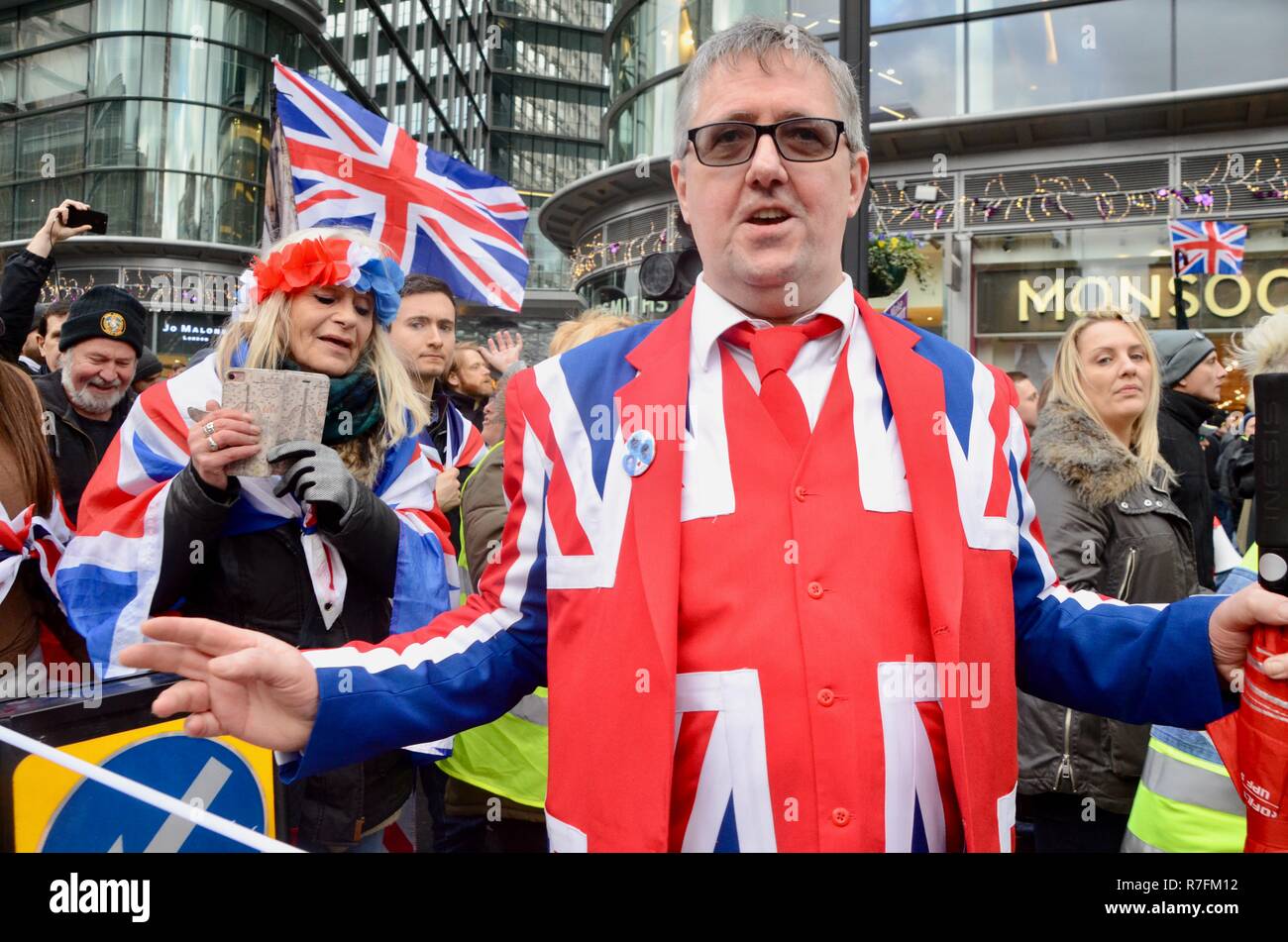 Brexit betrayal UKIP march with tommy robinson in central london 9th december 2018 union flag suited man Stock Photo