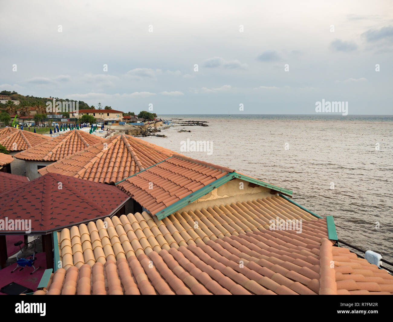 Tourist village in southern Italy on the coast of the Mediterranean Sea. Stock Photo