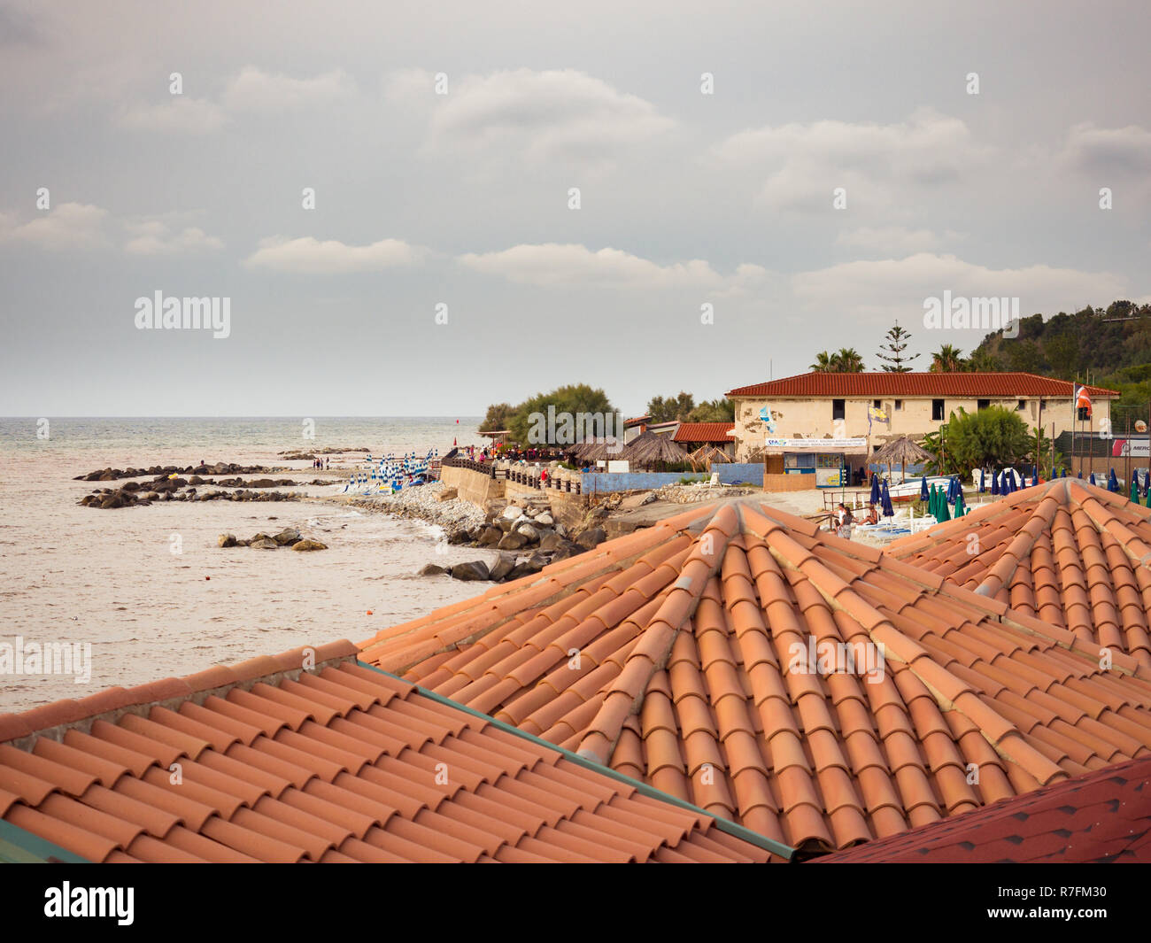 Tourist village in southern Italy on the coast of the Mediterranean Sea. Stock Photo