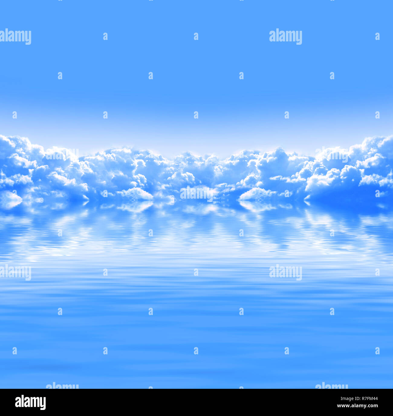 Nature background with white clouds in blue sky and tranquil water ...