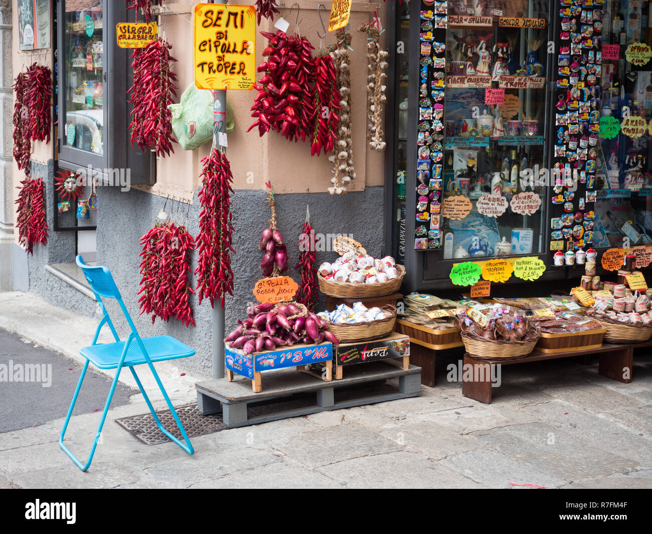 Tropea, Italy - August 21, 2018: Typical shops in Tropea where you can buy spicy Calabrian peppers and the famous Tropea onions. Stock Photo