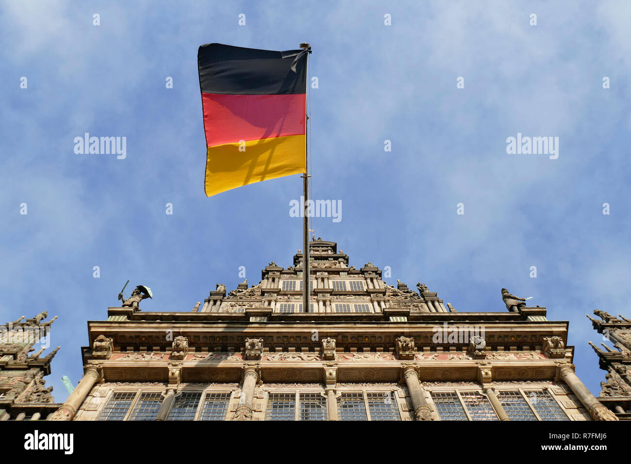Old Town Hall with German Flag , Bremen, Germany, Europe Stock Photo