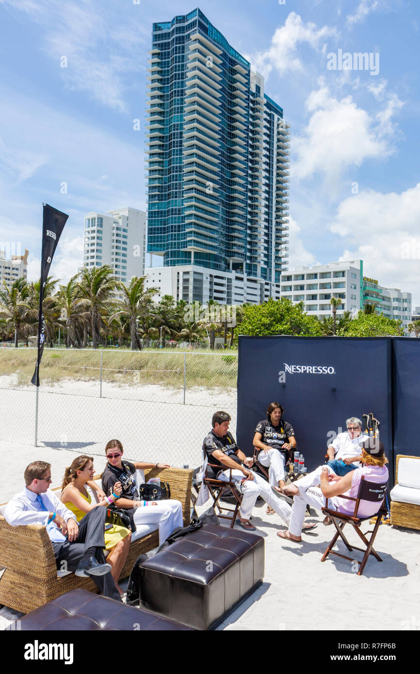 Miami Beach Florida,Polo World Cup Matches,sport,tournament,equestrian  event,sand field,sponsor,Nespresso,player,lounge,adult adults man men  male,woma Stock Photo - Alamy