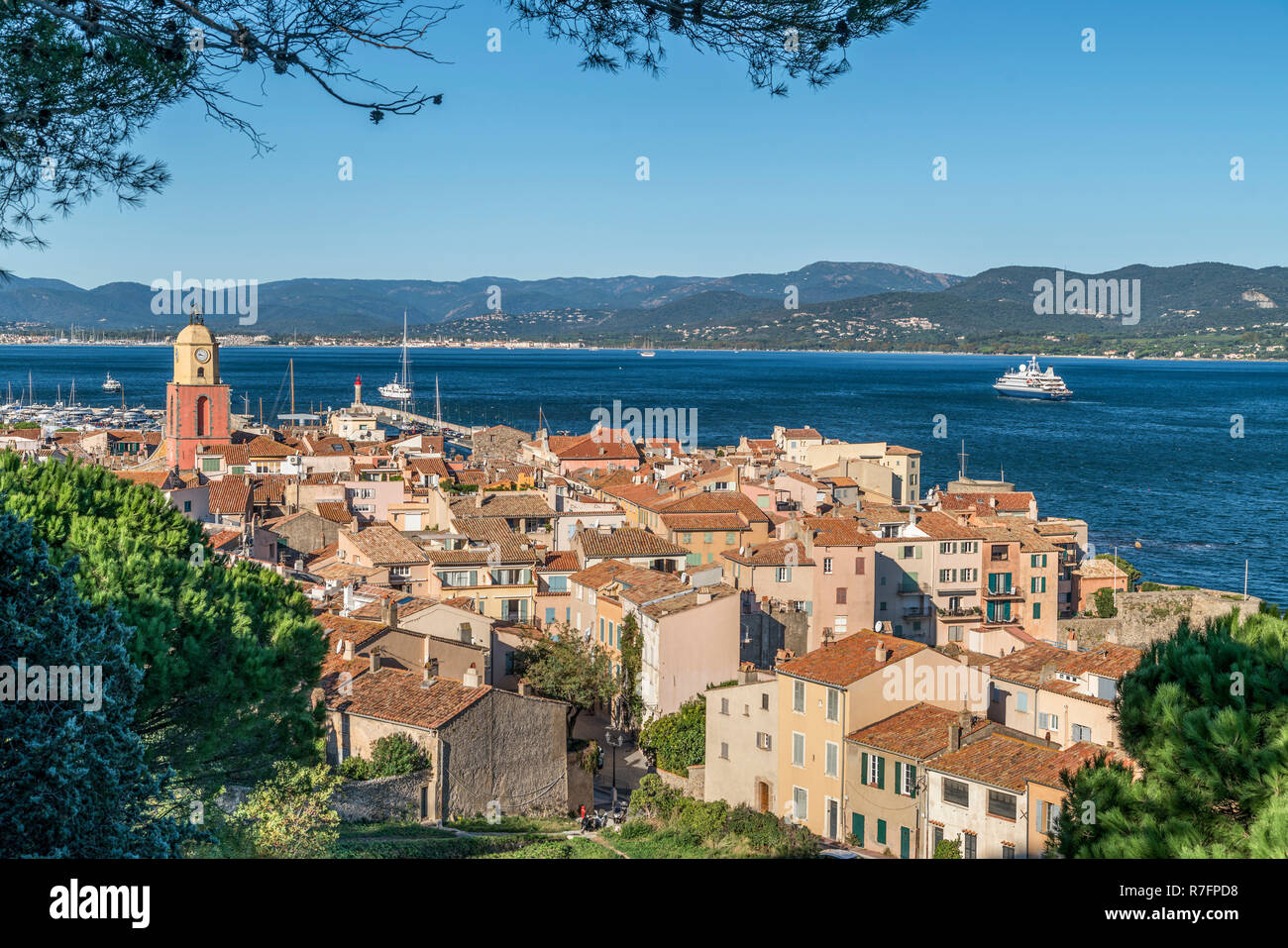 aerial view of town of saint tropez and bay, Clock tower, Cote d' Azur ...