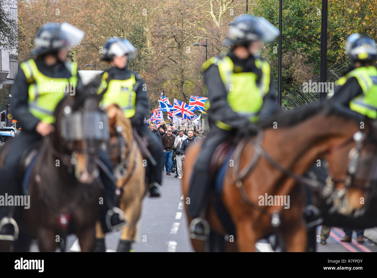 Brexit Betrayal March in London days before the planned Parliament vote. Mounted police leading the march Stock Photo