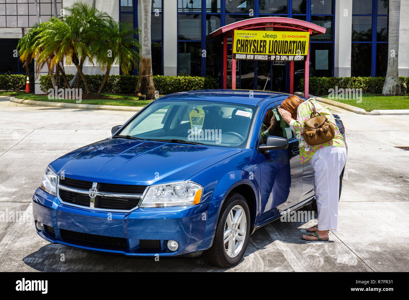 Florida Fort Ft. Lauderdale,Maroone Dodge,Chrysler bankruptcy,economic crisis,dealership,dealer,new cars,automobiles,retail products,display case sale Stock Photo