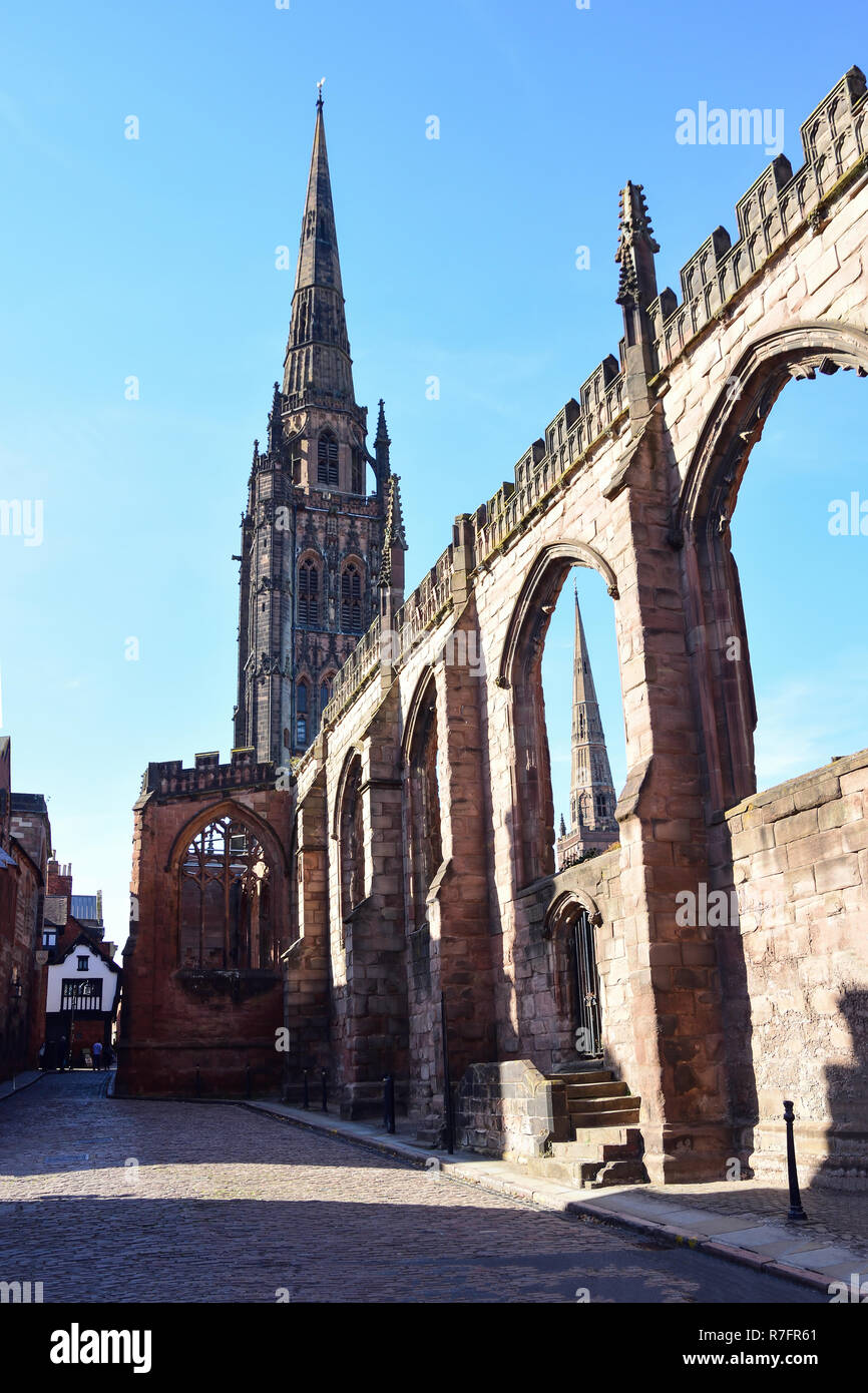 St. Michael's Cathedral spire from Bayley Lane,  Coventry, West Midlands, England, United Kingdom Stock Photo