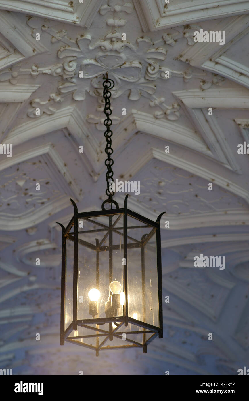 The ceiling paneling and stucco work of a historic building with a hanging lamp. Stock Photo