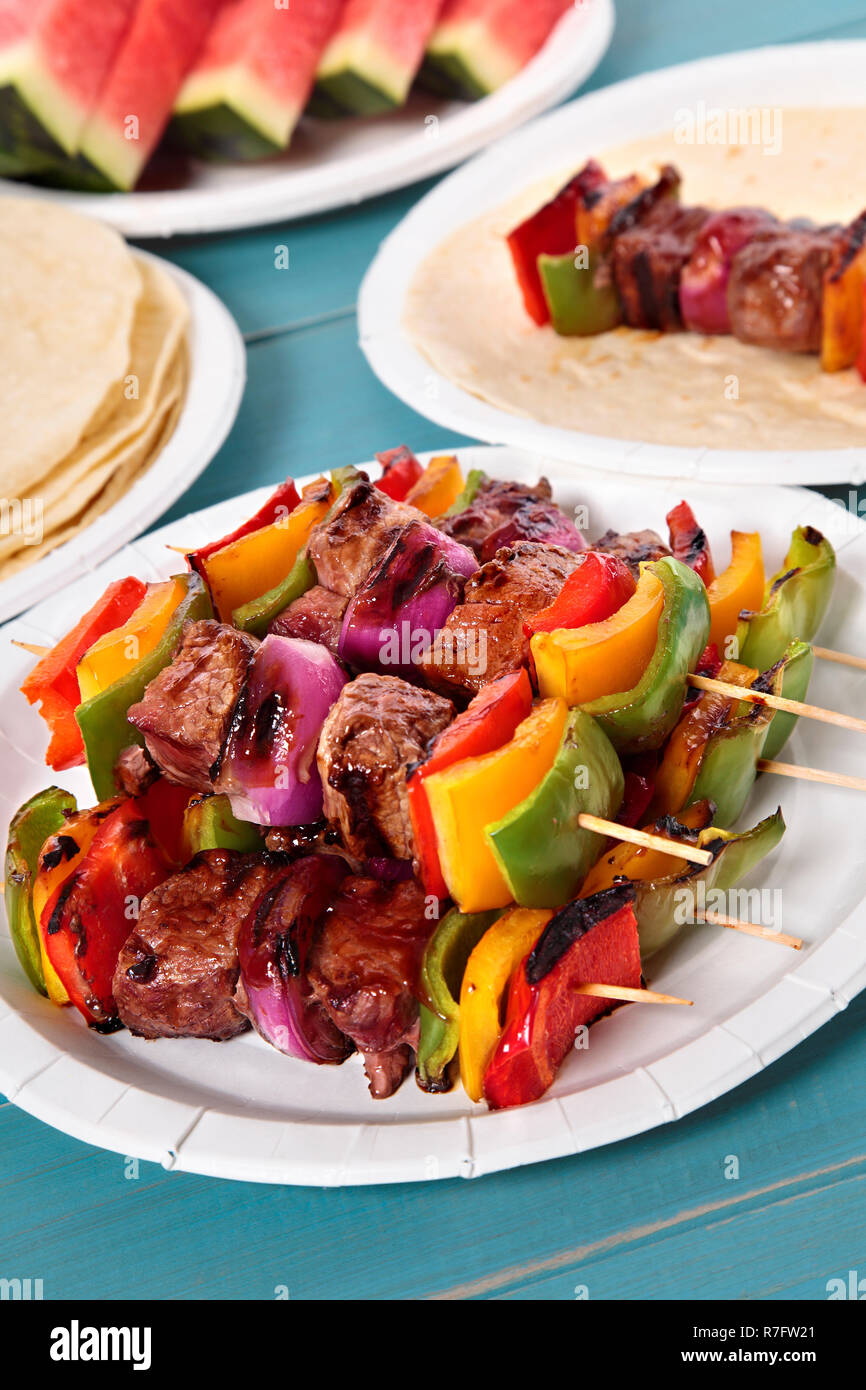 BBQ skewer with beef and vegetables on the picnic table Stock Photo - Alamy