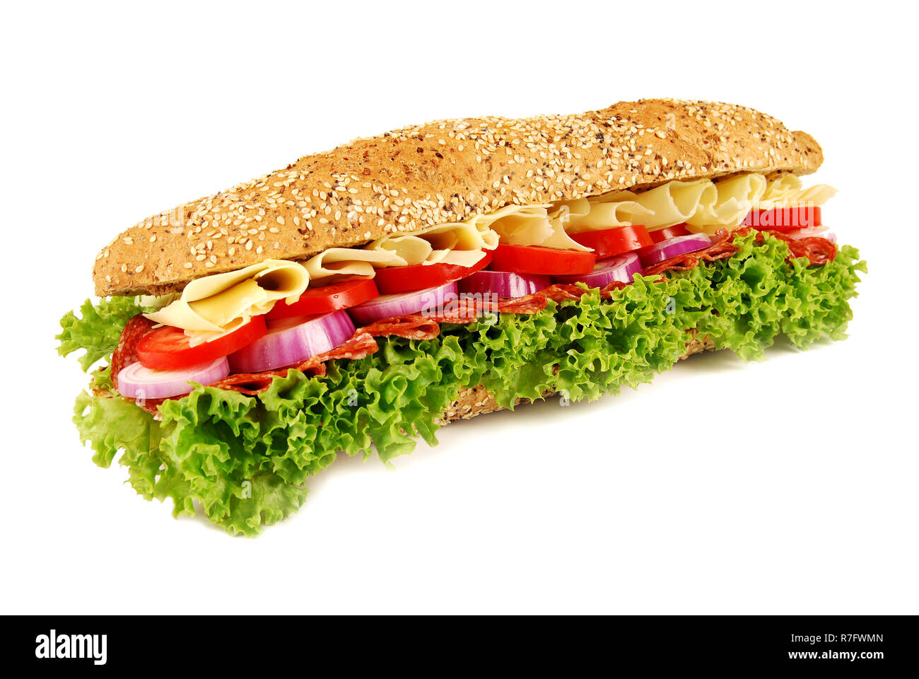 Salami ham & cheese baguette sandwich on isolated white background Stock Photo Alamy