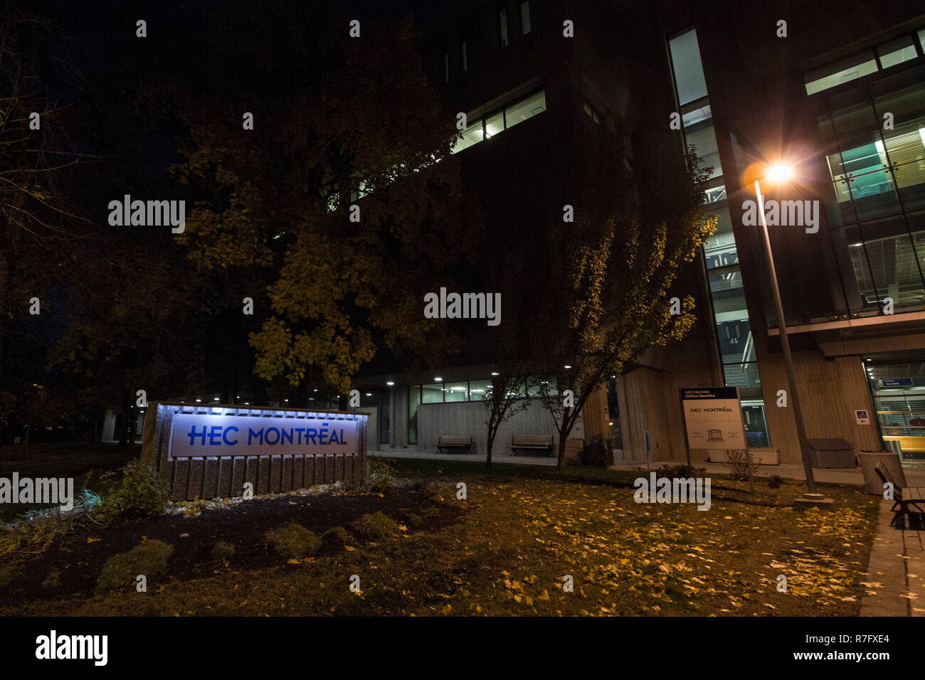 MONTREAL, CANADA - NOVEMBER 5, 2018: HEC Montreal logo taken at night on the entrance of Cote des neiges Campus. Part of the University of Montreal, i Stock Photo