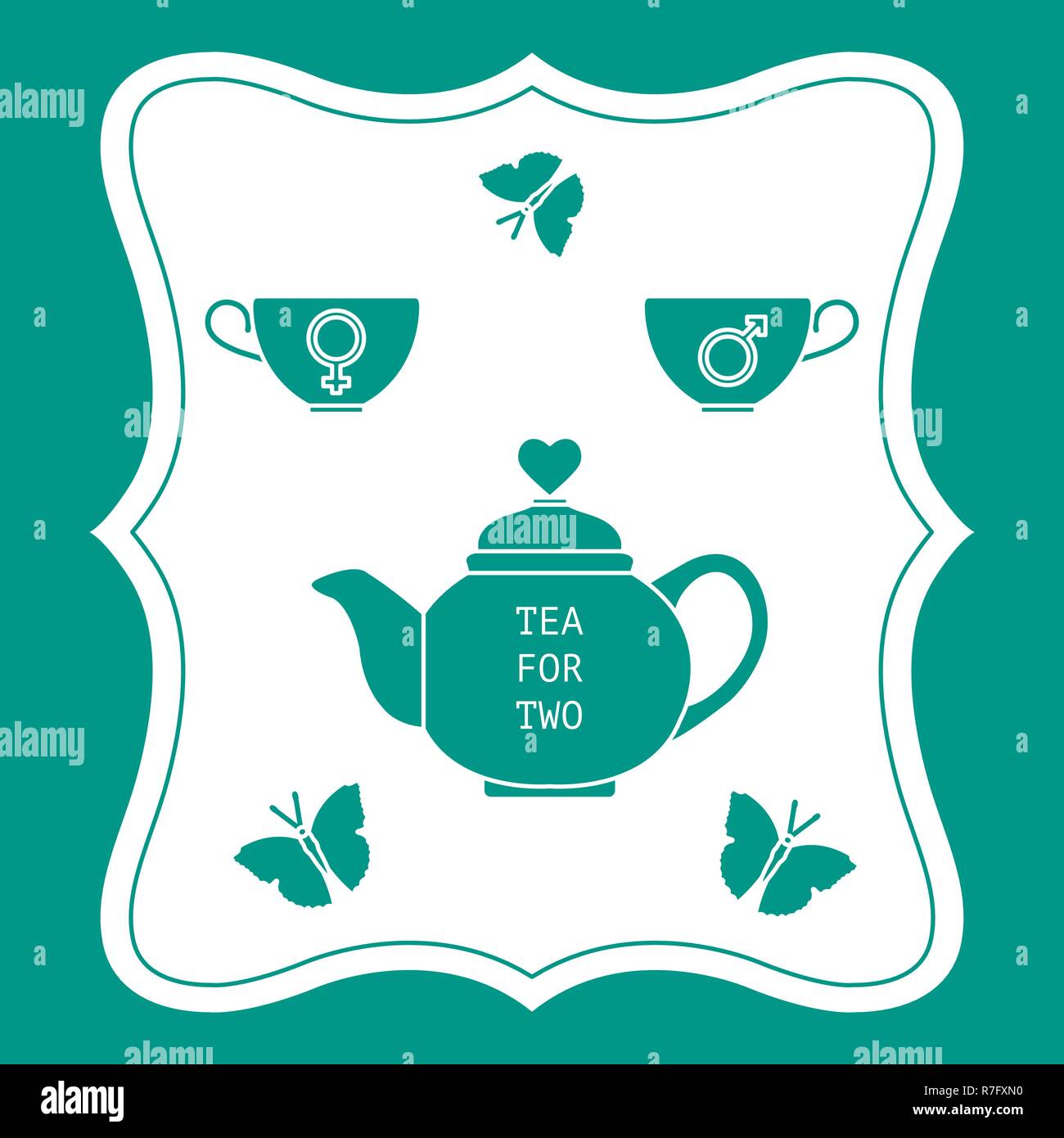 Vector illustration with teapot and two cups of tea with gender signs, butterflies. Tea for two