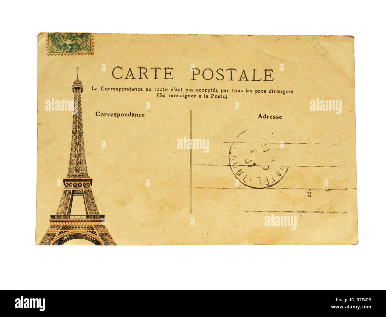 Vintage french post card with famous Eiffel tower in Paris. Isolated on white background Stock Photo