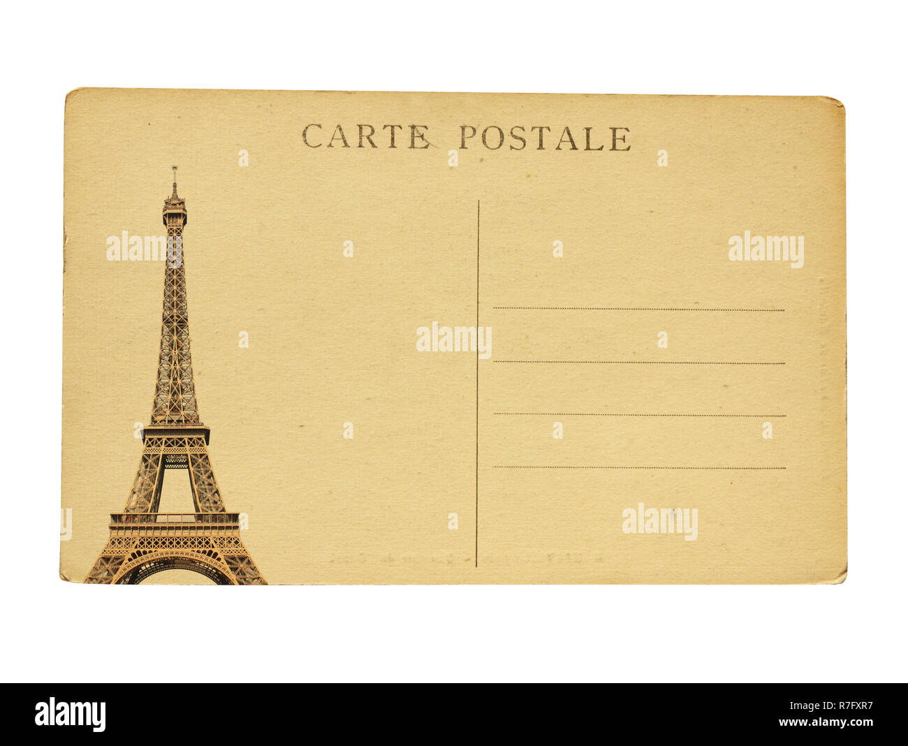 Vintage french post card with famous Eiffel tower in Paris. Isolated on white background Stock Photo