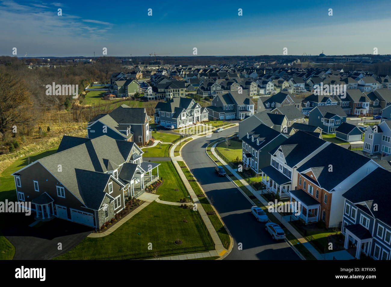 Aerial view of typical upper class American single family real estate