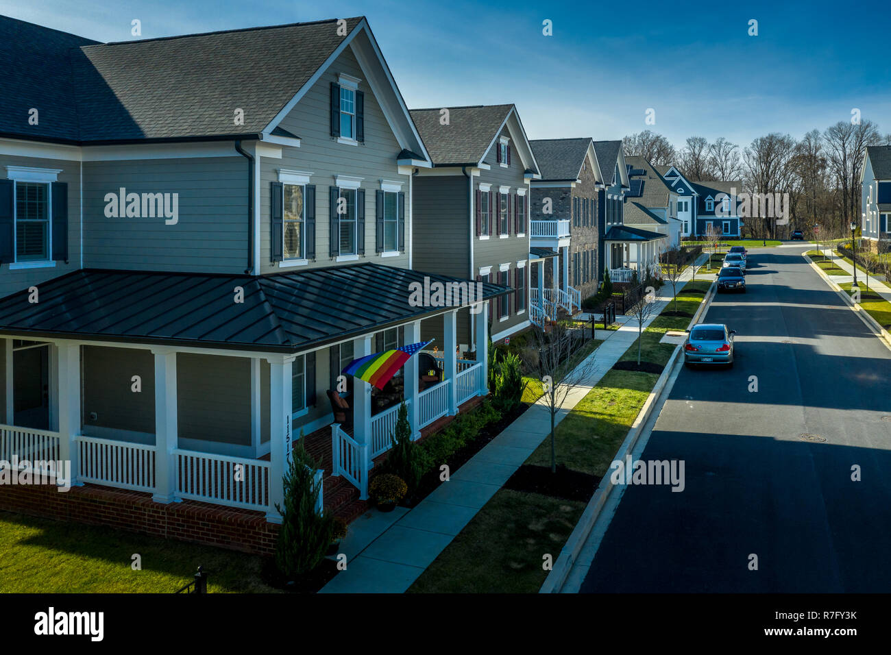 Aerial view of typical upper class American single family real estate homes with vinyl siding and brick facade in the East Coast of the United States Stock Photo