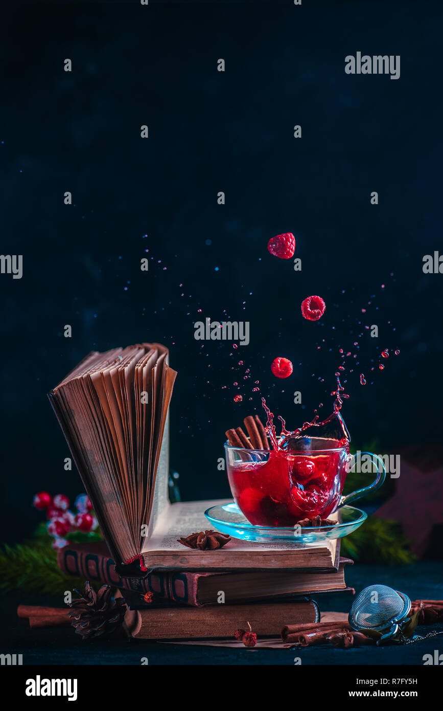 Red berry tea on a stack of books with a dynamic splash. Winter hot drink on a dark background with copy space Stock Photo
