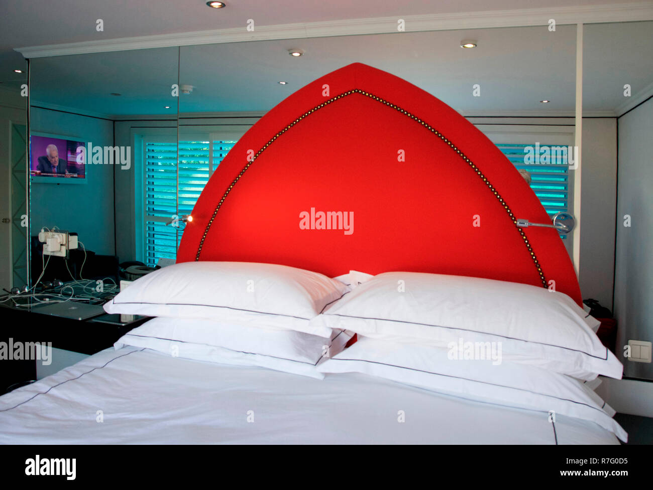 Stateroom bed aboard Uniworld cruiseship, the B Stock Photo