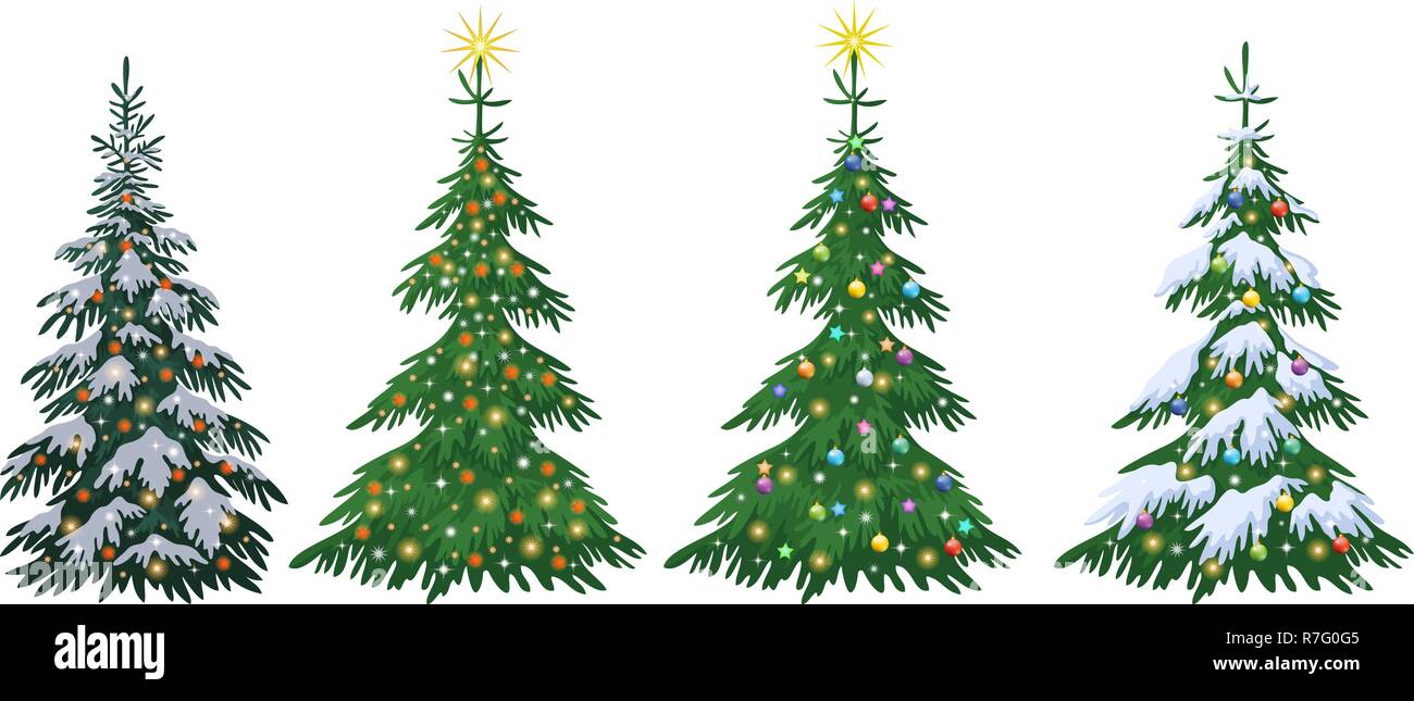 Set Christmas Holiday Fir Trees with Decorations, Stars and Snow Isolated on White Background. Vector Stock Vector