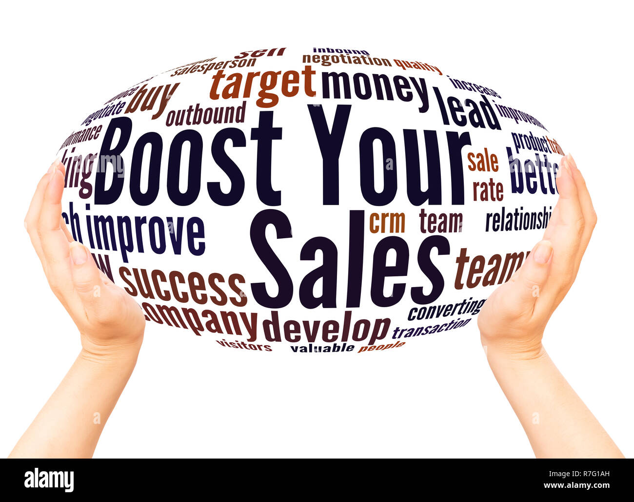 Boost Your Sales word cloud hand sphere concept on white background. Stock Photo