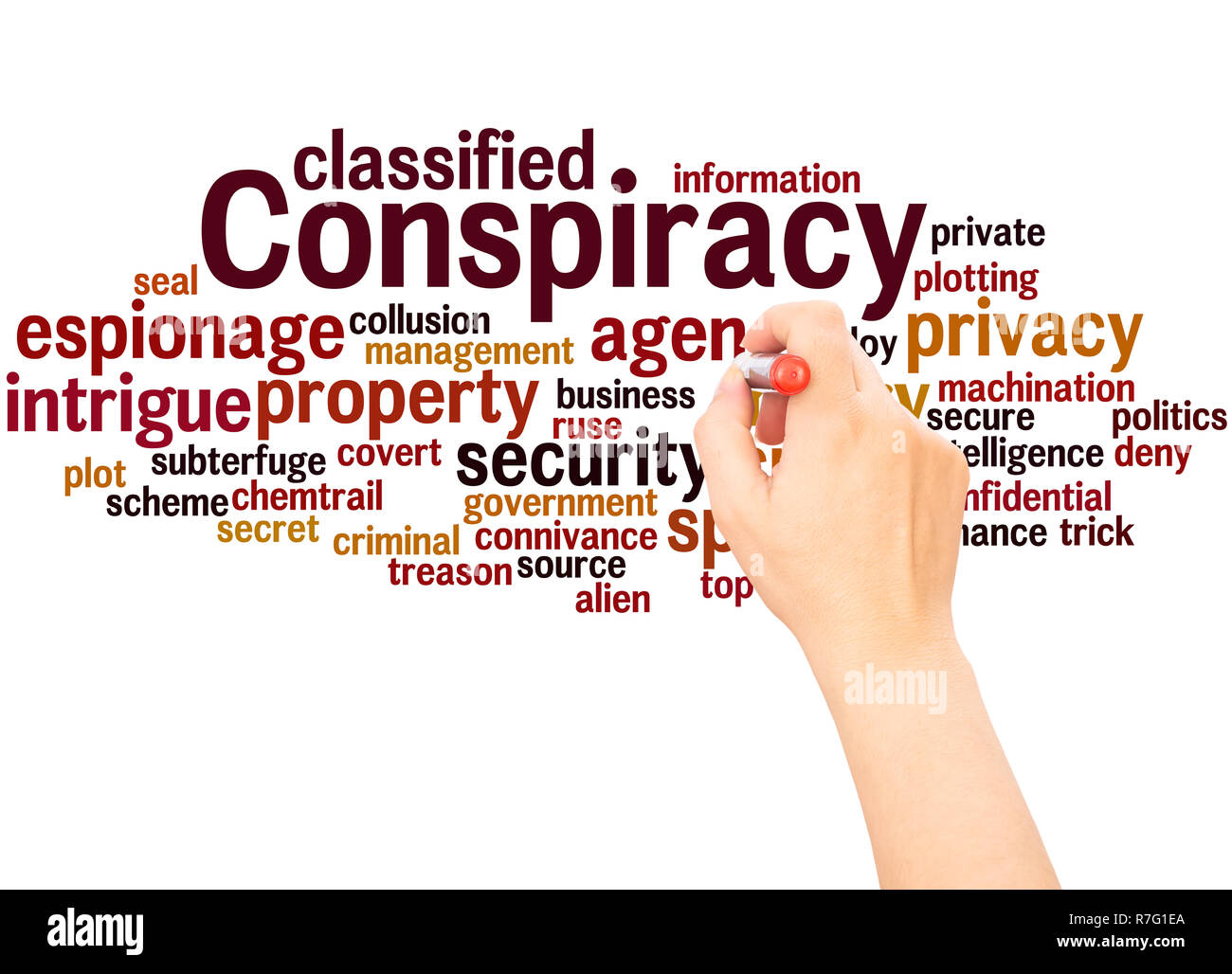 Conspiracy word cloud hand writing concept on white background. Stock Photo