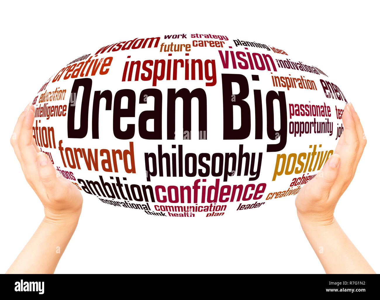 Dream Big word cloud hand sphere concept on white background. Stock Photo
