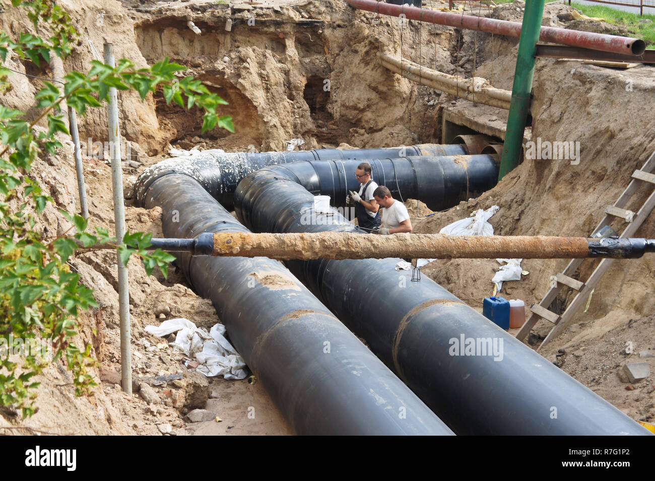 Construction work. Pipe laying. Repair of communications Stock Photo