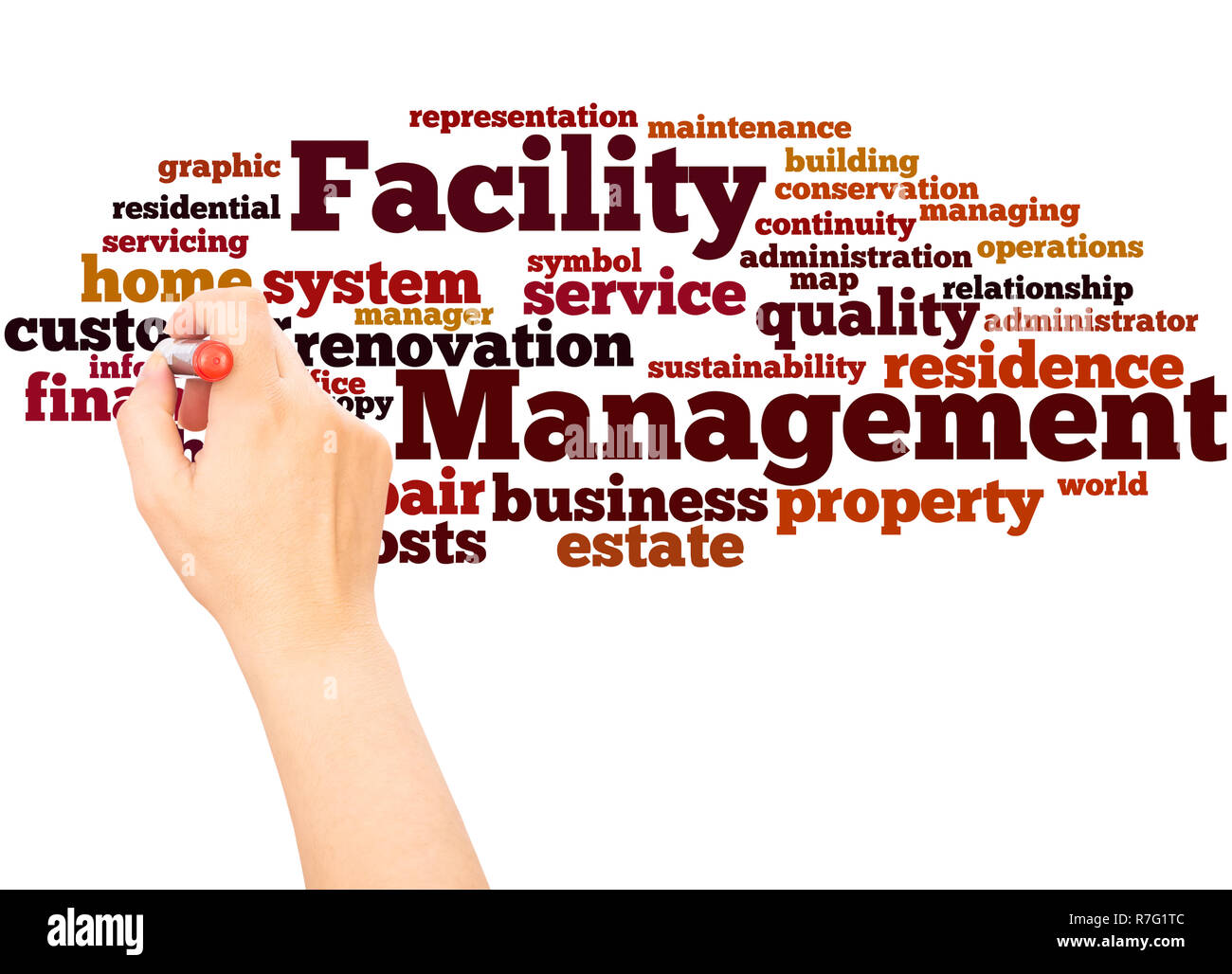 Facility Management word cloud hand writing concept on white background. Stock Photo