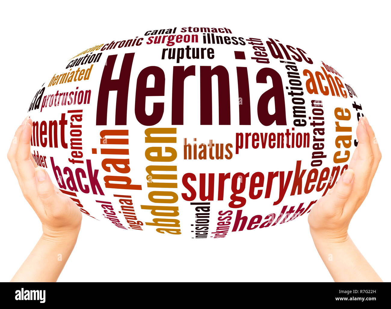 Hernia word cloud hand sphere concept on white background. Stock Photo