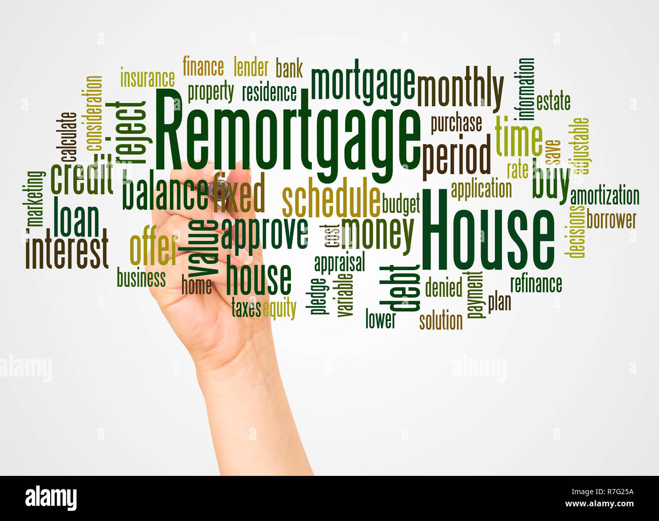 House Remortgage word cloud and hand with marker concept on white background. Stock Photo