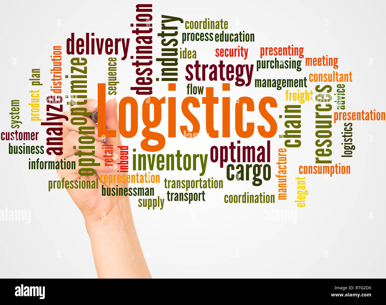 Logistics word cloud and hand with marker concept on white background