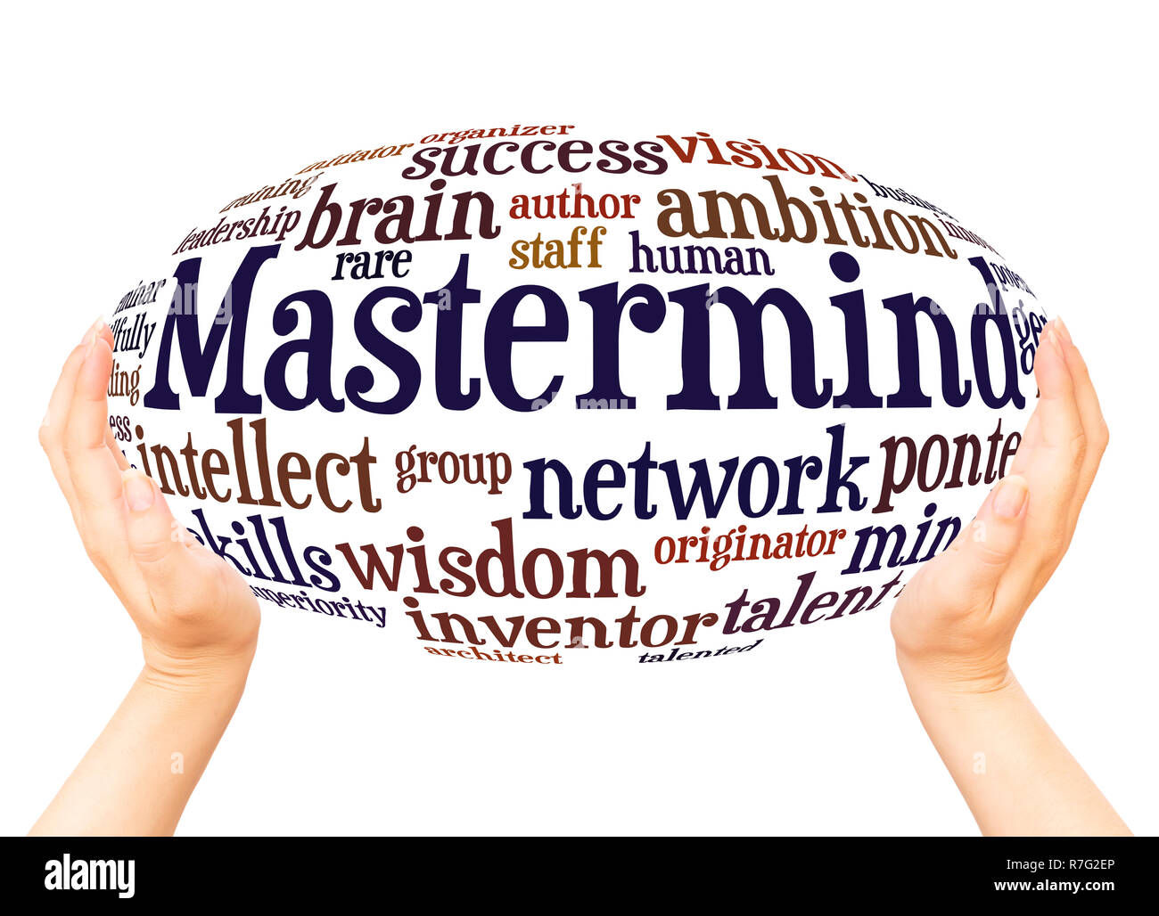 Mastermind word cloud hand sphere concept on white background. Stock Photo