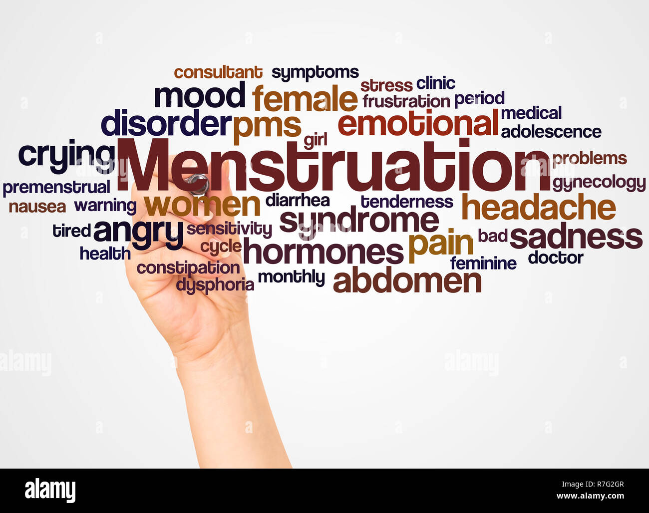 Menstruation word cloud and hand with marker concept on white