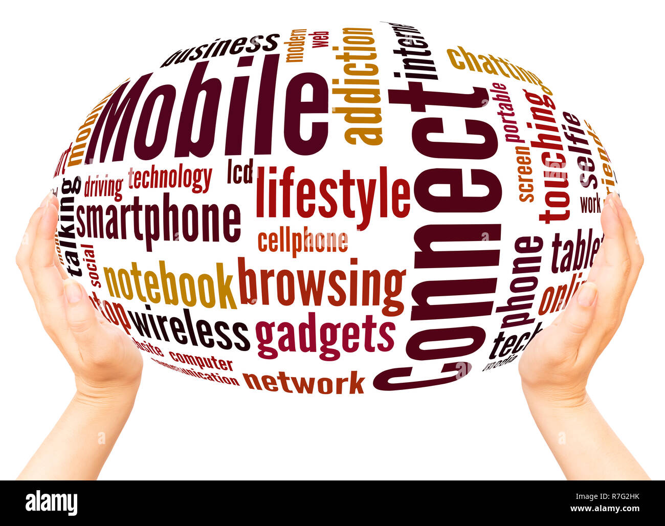 Mobile Connect word cloud hand sphere concept on white background. Stock Photo