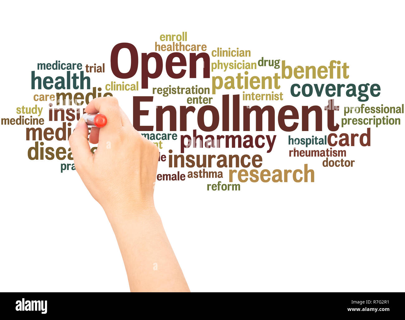 Open Enrollment word cloud hand writing concept on white background. Stock Photo