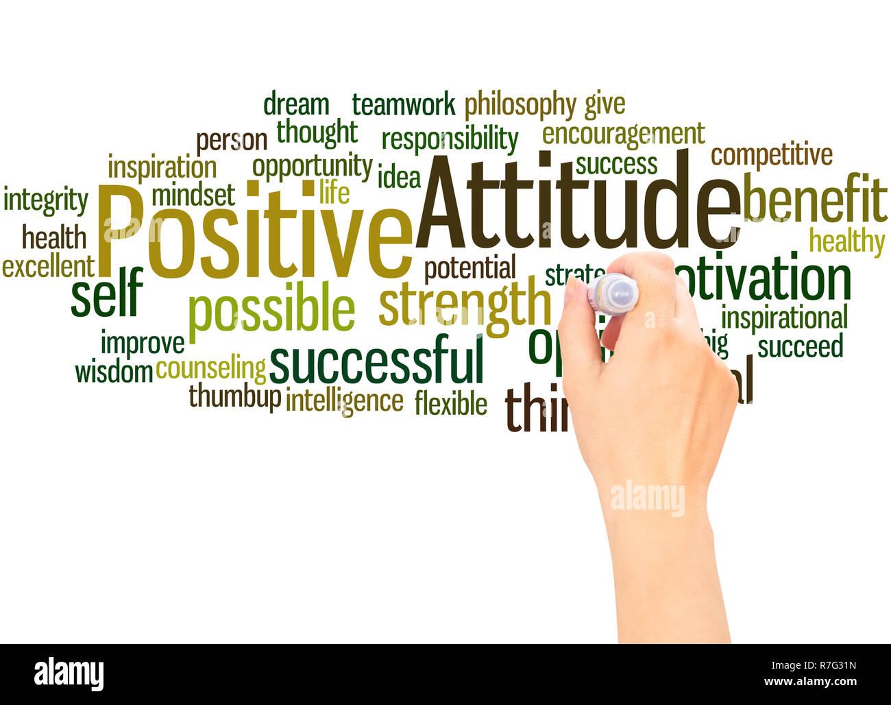 Positive Attitude word cloud hand writing concept on white background. Stock Photo